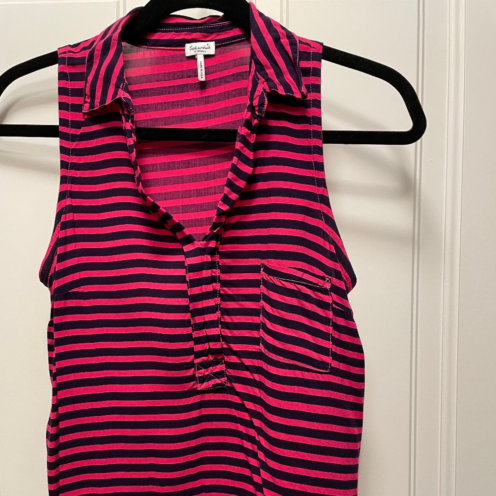 Splendid sleeveless top with collar, pink & navy stripes, size XS